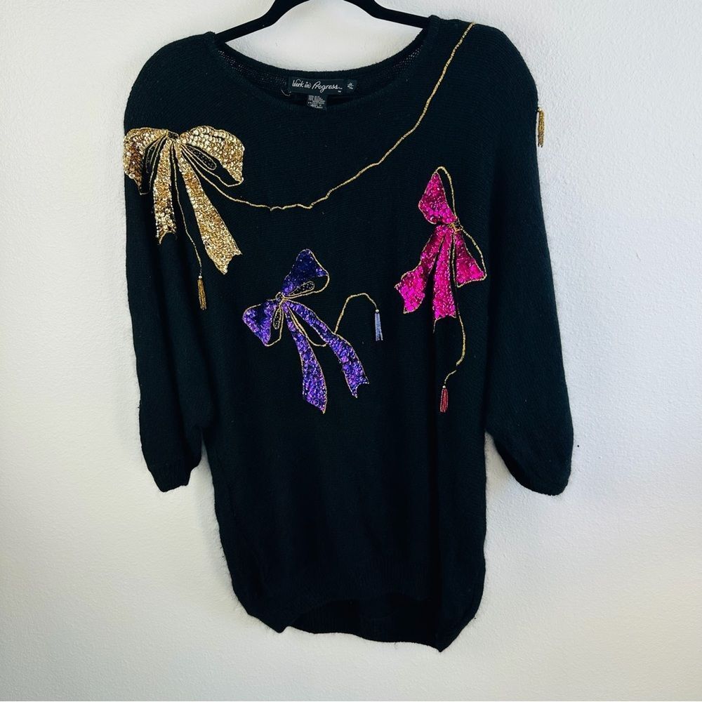 Work In Progress VTG 80s Sequin Bow Silk Angora Blend Sweater Size‎ 2X